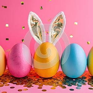 Colorful Easter eggs, golden confetti, pink background, festive bunny ears