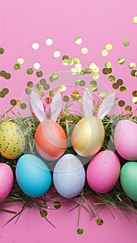 Colorful Easter eggs, golden confetti, pink background, festive bunny ears