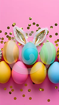 Colorful Easter eggs, golden confetti, pink background, festive bunny ears