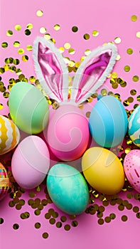 Colorful Easter eggs, golden confetti, pink background, festive bunny ears