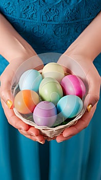 Colorful Easter eggs, golden confetti, pink background, festive bunny ears