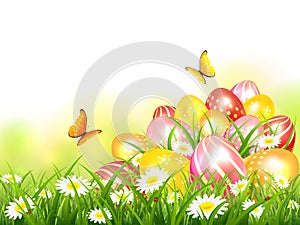 Colorful Easter Eggs in Grass and Butterflies
