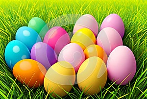 Colorful Easter eggs on green grass background with copyspace. Generative AI