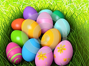 Colorful Easter eggs on green grass background with empty space. Generative AI