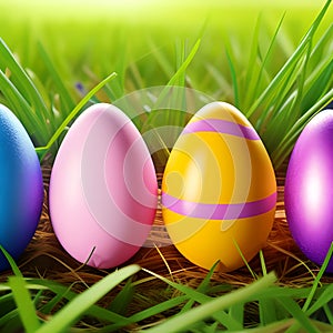 Colorful Easter eggs on green grass background with empty space. Generative AI