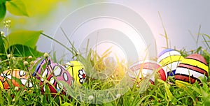 Colorful easter eggs on green grass with bokeh background and sun light