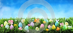 Colorful Easter eggs on green grass with flowers against blue sky