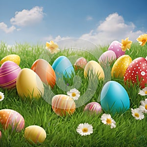 Colorful Easter eggs on green grass with flowers and blue sky