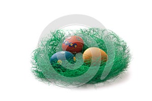 Colorful Easter Eggs in a green grass nest