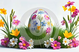 Colorful easter eggs on green grass with spring flowers