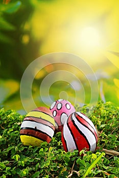 Colorful easter eggs on green grass with sun flare background