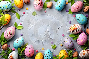 Colorful Easter eggs on grey background.