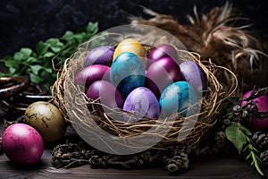Colorful Easter Eggs in Handwoven Basket - Perfect for Spring Celebrations and Egg Hunts