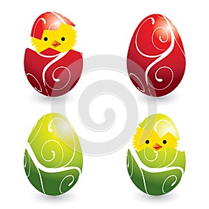 Colorful easter eggs and hatching chicks