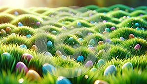 Colorful Easter Eggs Hidden in Lush Green Grass, Easter Celebration Concept
