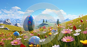 Colorful Easter Eggs Hidden in Spring Meadow Sunny