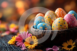 Vibrant Easter Eggs and Flowers in a Rustic Bowl for Spring Celebration Generative AI