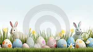 Colorful Easter eggs lined up in the grass. Perfect for spring holidays