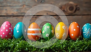 Colorful Easter eggs lined up on vibrant green grass