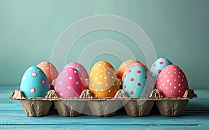 Colorful Easter eggs located in cardboard carton on wooden tabletop in home kitchen