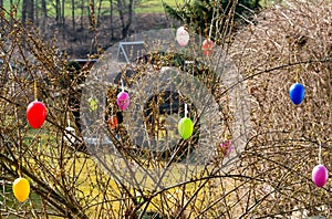 Colorful Easter eggs move on a bush in spring 4k