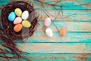 Colorful Easter eggs in nest with flower on rustic wooden planks background in blue paint.