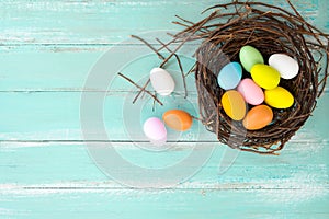 Colorful Easter eggs in nest with flower on rustic wooden planks background in blue paint.