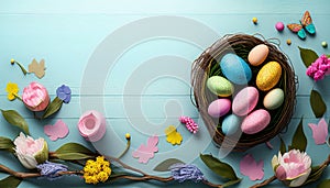 Colorful Easter eggs in the nest with flowers on pastel blue wooden background, Flat lay, top view. Generative AI