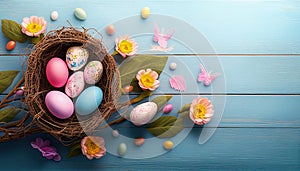 Colorful Easter eggs in the nest with flowers on pastel blue wooden background, Flat lay, top view. Generative AI