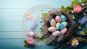 Colorful Easter eggs in the nest with flowers on pastel blue wooden background, Flat lay, top view. Generative AI