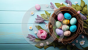 Colorful Easter eggs in the nest with flowers on pastel blue wooden background, Flat lay, top view. Generative AI