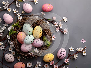 Colorful easter eggs in nest and spring flowers on gray background