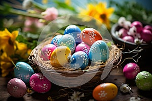 Colorful Easter eggs in nest with spring flowers on wooden background