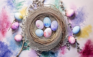 Colorful of easter eggs in nest in watercolor painted style. Generative AI