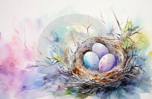 Colorful of easter eggs in nest in watercolor painted style. Generative AI