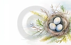 Colorful of easter eggs in nest in watercolor painted style. Generative AI