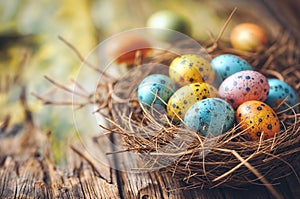 Colorful Easter Eggs Nestled in a Straw Nest on a Rustic Wooden Surface