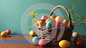 Colorful Easter eggs painted in different Slavic motives in wicker basket standing on wooden table. Generative AI