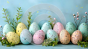 Colorful Easter eggs on pastel blue background.