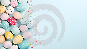 Colorful Easter eggs in pastel colors on a light blue background, top view, space for inscription