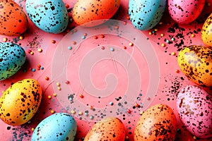 Colorful Easter eggs on pastel pink background.