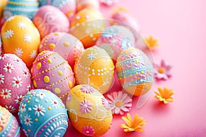 Colorful Easter eggs on pastel pink background.