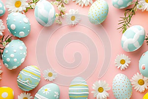 Colorful Easter eggs on pastel pink background.