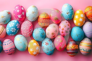 Colorful Easter eggs on pastel pink background.