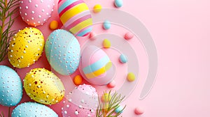 Colorful Easter eggs on pastel pink background.