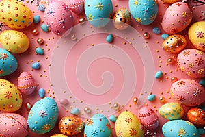 Colorful Easter eggs on pastel pink background.