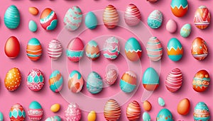 Colorful easter eggs with pink background.