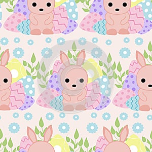 Colorful easter eggs and pink bunny, seamless pattern