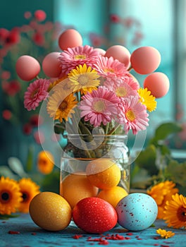 Colorful easter eggs and pink flowers in glass jar on blue wooden background. A bunch of colored eggs in glasses