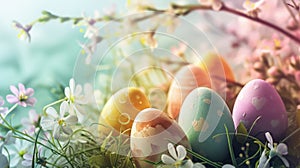 Colorful Easter Eggs with Playful Patterns in Springtime Meadow Setting